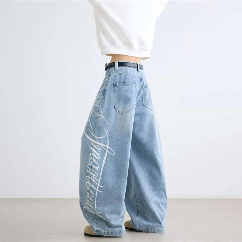 Autumn Men's Letter Printed Straight-Leg Baggy Jeans Hip Hop Fashion Washed Denim Pantalones American Retro Y2K Streetwear Jean