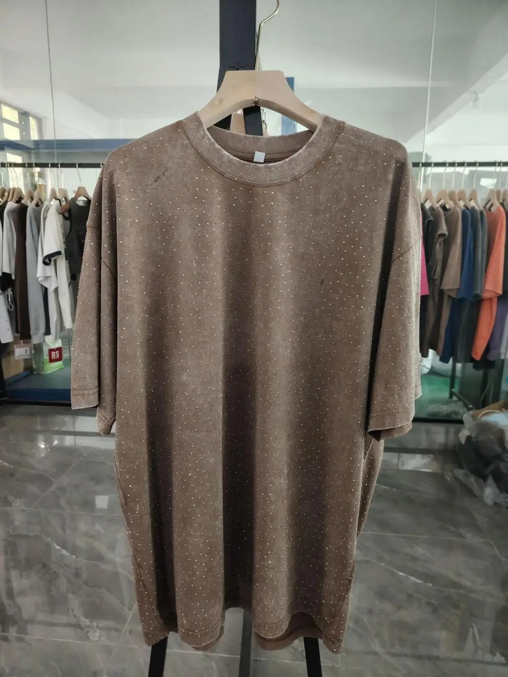 American Retro Pure Cotton Vintage T-shirt with Diamond Earth Color Street Style Diamond Flash Retro T-shirt for Men and Women