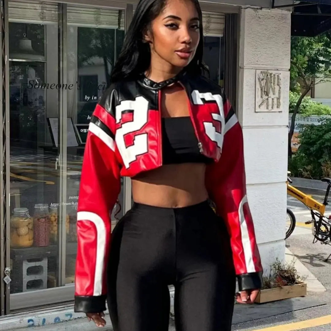 American Style Street Short Leather Jackets New Fashion Trendy Digital Letter Printed Sexy Cardigan Zipper Slim fit PU Outcoat