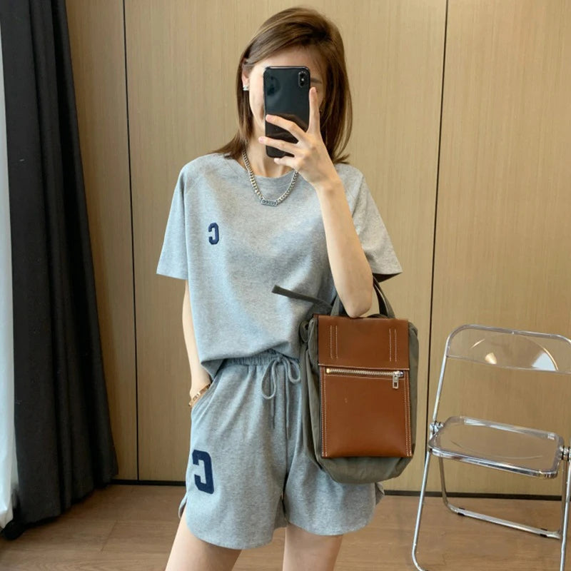 2 Piece Set Women Summer Large Size Short Pajamas Loose Short Sleeve T-shirt Casual Shorts Sports Print Letter Casual Suit