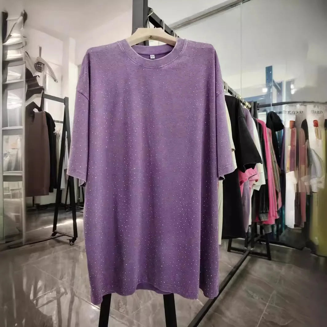 American Retro Pure Cotton Vintage T-shirt with Diamond Earth Color Street Style Diamond Flash Retro T-shirt for Men and Women