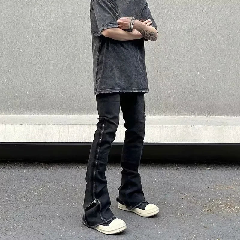 American Style Fringe Side Zip Jeans Men's Trendy Straight Leg Slimming Pants Casual Scene High Street Style Micro Flared Waist