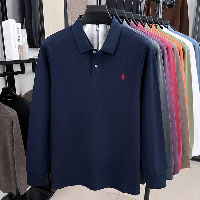 100% pure cotton high-end brand men's long sleeved polo shirt autumn fashion new luxurious pony Paul embroidery top golf T-shirt