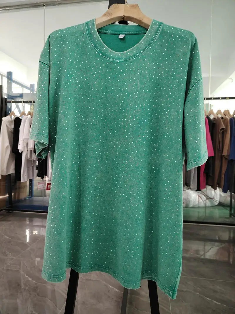 American Retro Pure Cotton Vintage T-shirt with Diamond Earth Color Street Style Diamond Flash Retro T-shirt for Men and Women