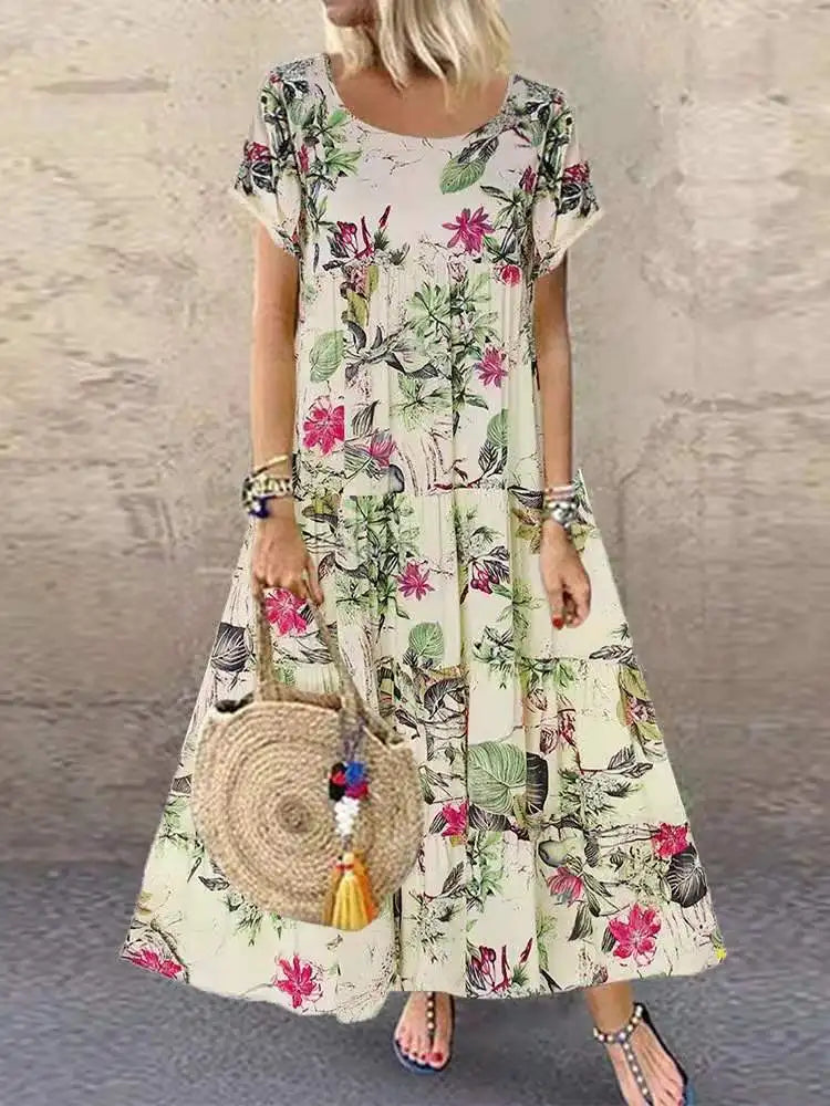 2025 Summer Women's Dress O-neck Loose Short-sleeved Floral Print Pastoral Style Vacation Beach Long Skirt