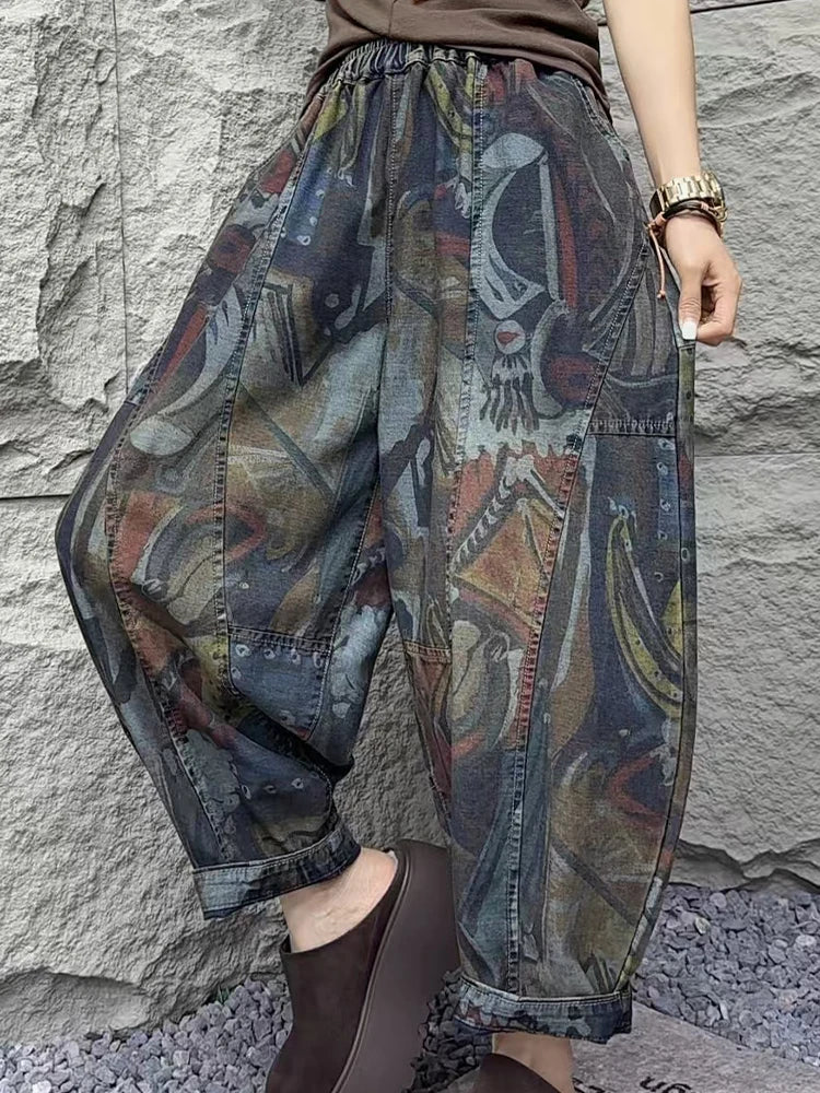 Amax luluE Fashion Loose Printed Vintage Womens Spring Denim Pants Patchwork Jeans Ladies Classic Casual Punk Wide Leg Trousers