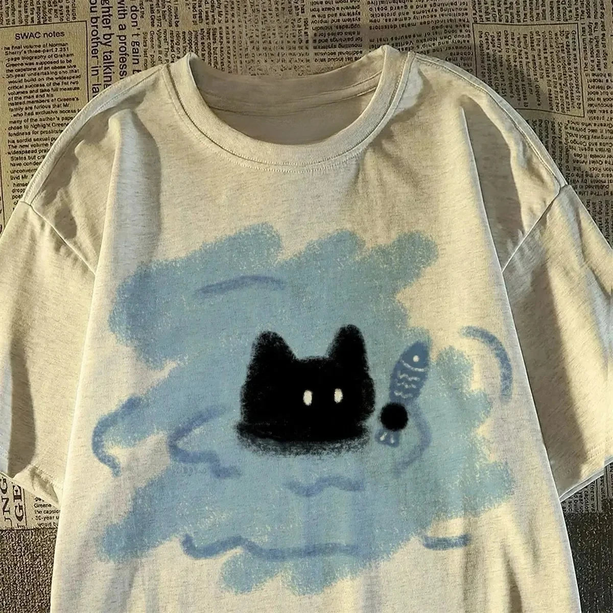 2025 New Style Short-Sleeve Summer T-Shirt, Versatile Bathrobe Style, Black Cat Women's Top/T-Shirt Fashion Graphic T Shirts Y2K