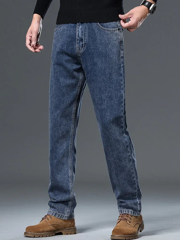 100% Pure Cotton Jeans Men Loose Trousers Classic Spring Autumn Casual Cowboy US Plus Size 38 40 42 Straight Male Denim Pants