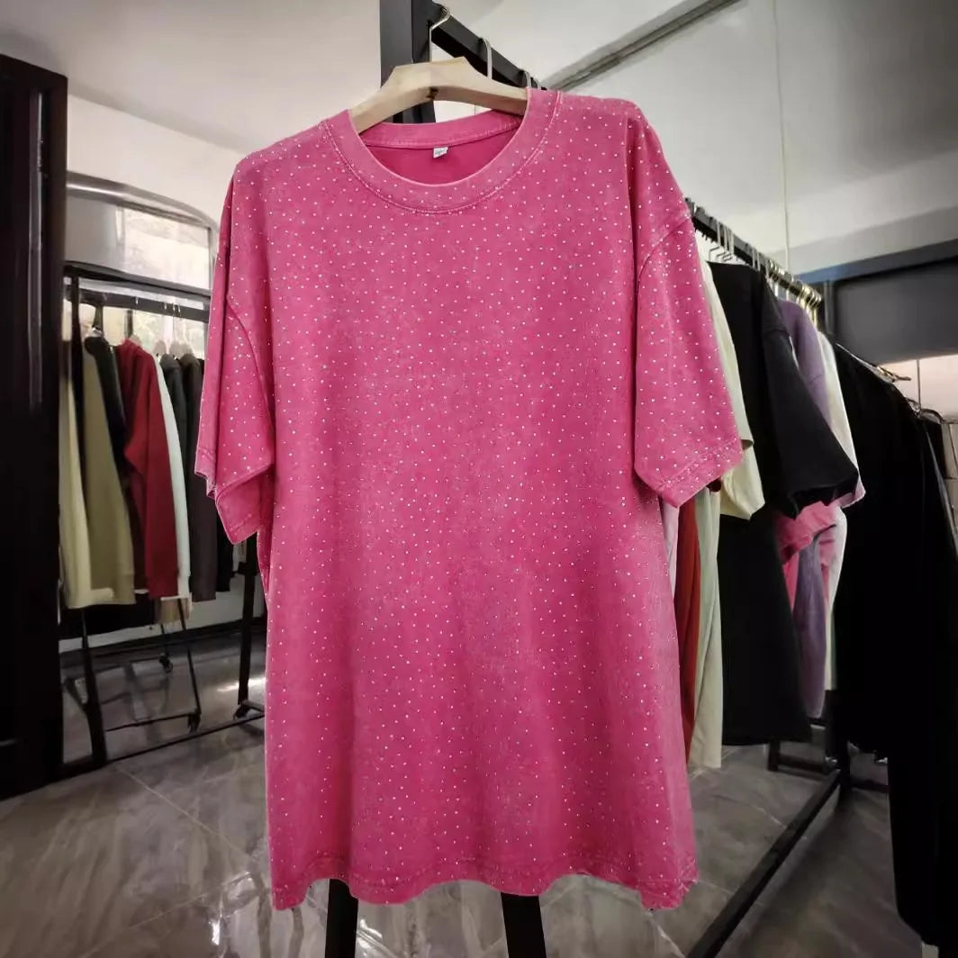 American Retro Pure Cotton Vintage T-shirt with Diamond Earth Color Street Style Diamond Flash Retro T-shirt for Men and Women