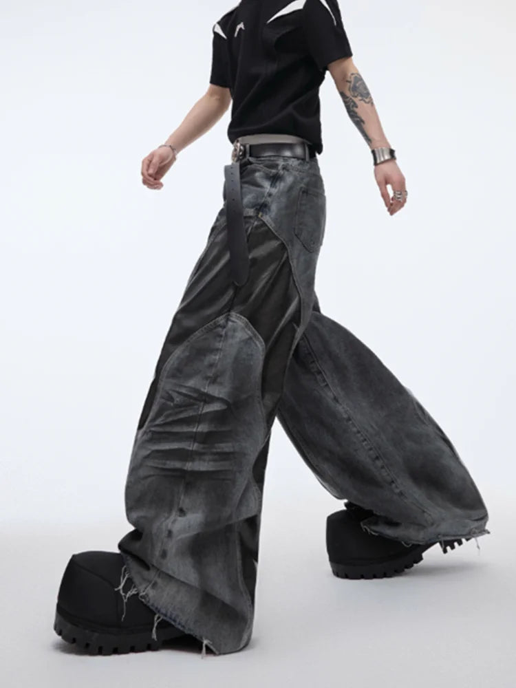 2025 Cyber Y2K Streetwear Black Pu Leather Patchwork Baggy Flare Jeans Pants Men Clothing Washed Black Wide Leg Denim Trousers