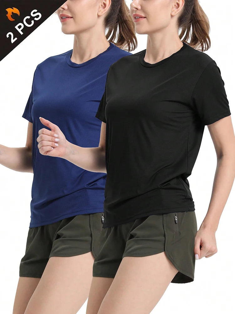 2Pcs Women's Solid Color Ultralight Quick Dry Sport T-Shirt, Breathable Lightweight Top For Fitness Training Workout Running Gym