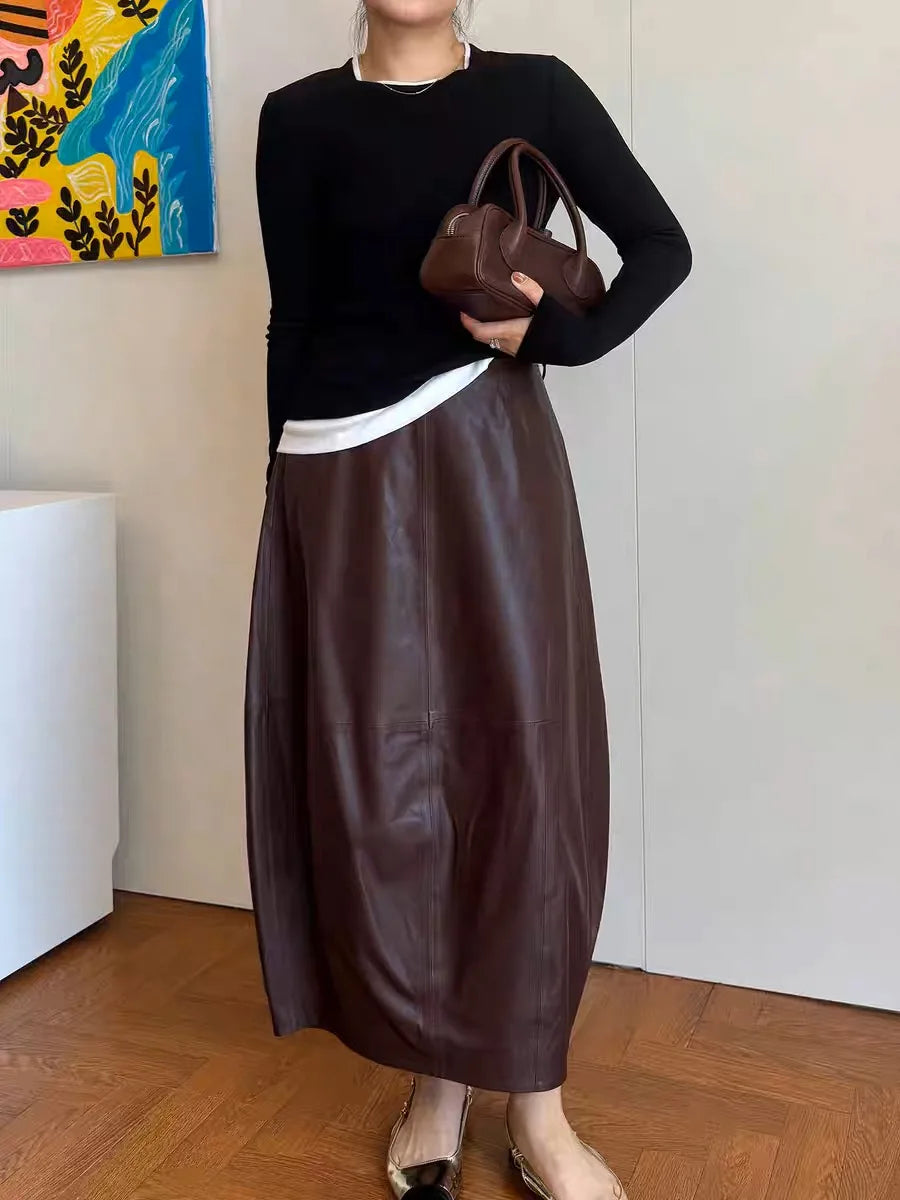 Autumn High End Women Genuine Leather Sheepskin Long Bud Skirt Wrapped Jupe Mujer Mid Length Korean Style
