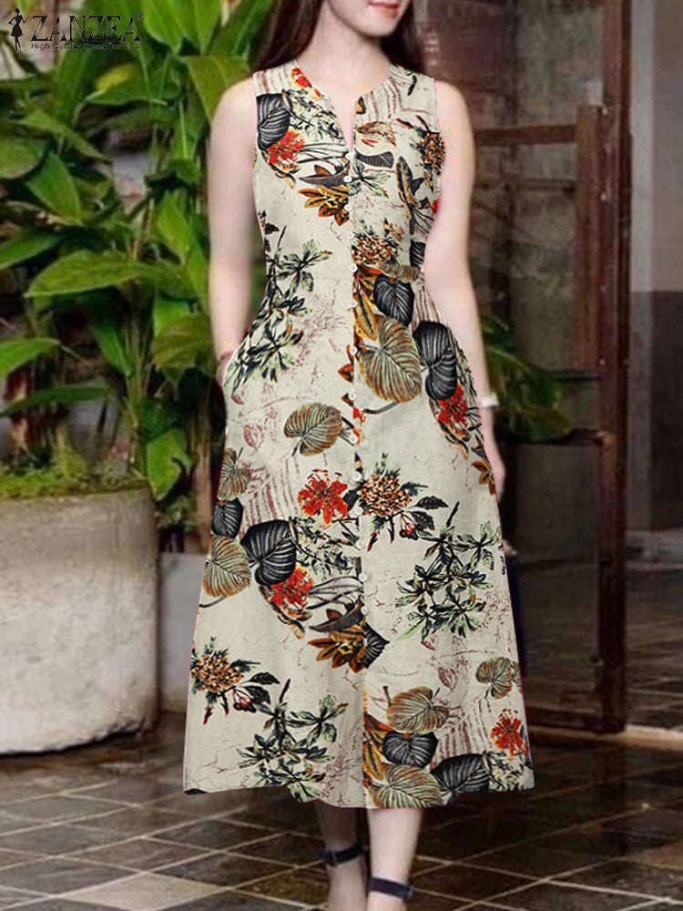 2025 Summer Dress ZANZEA Women Bohemain Printed Midi Sundress Casual V Neck Sleevelesss Holiday Party Vestidos Kaftan Robe Femme