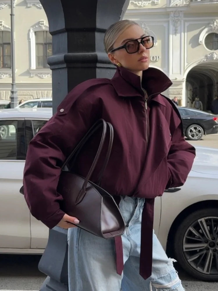 Casual Wine Red Lace Up Short Jacket Women Long Sleeve Zipper Stand Up Collar Pocket Button Coats New Lady High Street Wear Fall