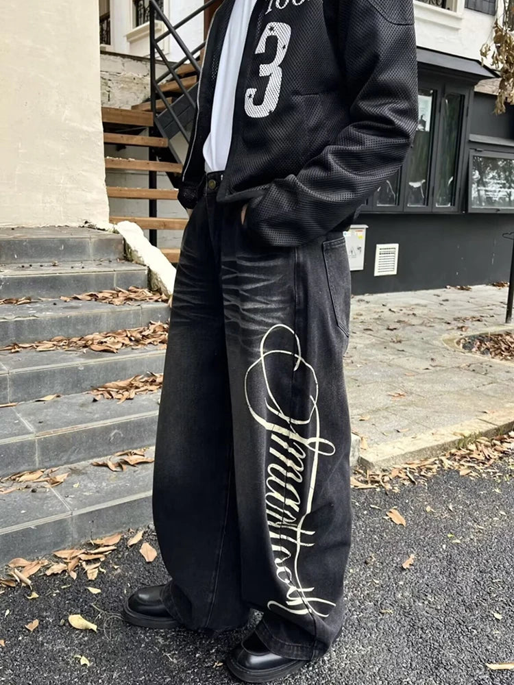Autumn Men's Letter Printed Straight-Leg Baggy Jeans Hip Hop Fashion Washed Denim Pantalones American Retro Y2K Streetwear Jean