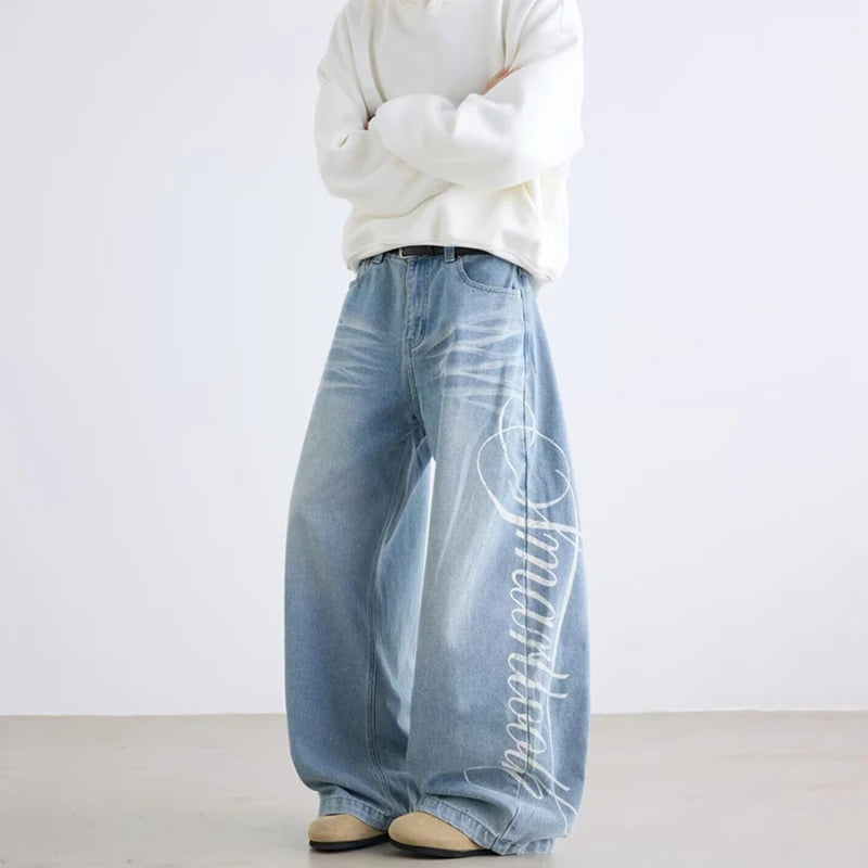 Autumn Men's Letter Printed Straight-Leg Baggy Jeans Hip Hop Fashion Washed Denim Pantalones American Retro Y2K Streetwear Jean