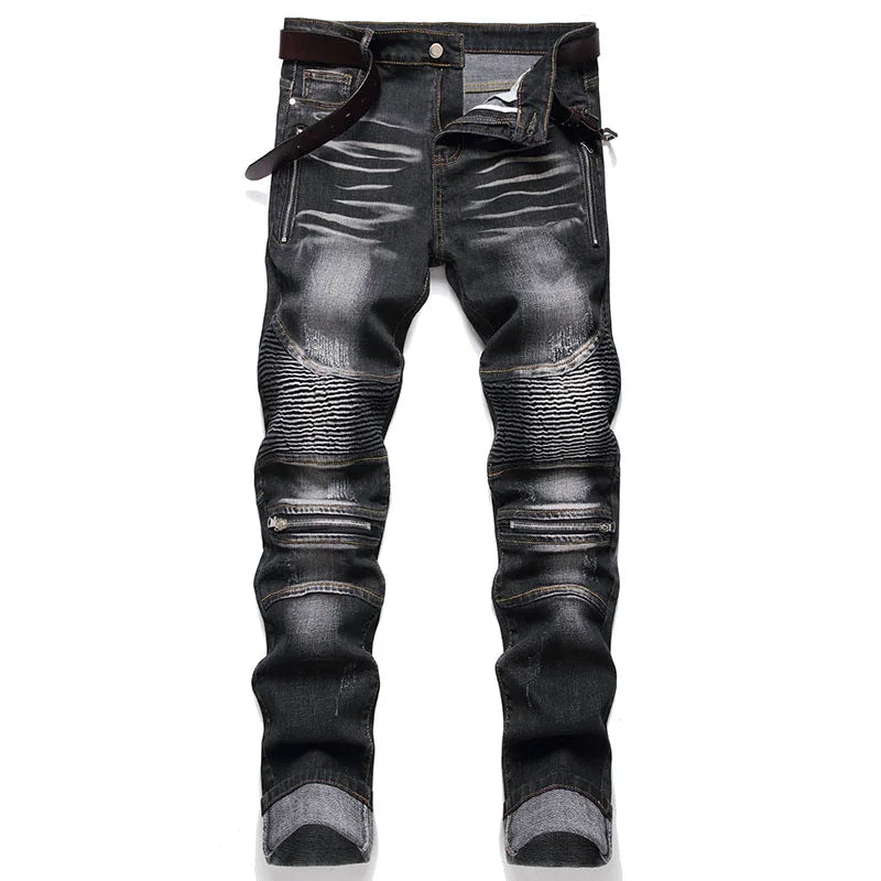 2022 High Quality Men Casual Jeans Coated Straight Pleated Biker Jeans Male Motorcycle Denim Pants Vaqueros Hombre Plus Size 42