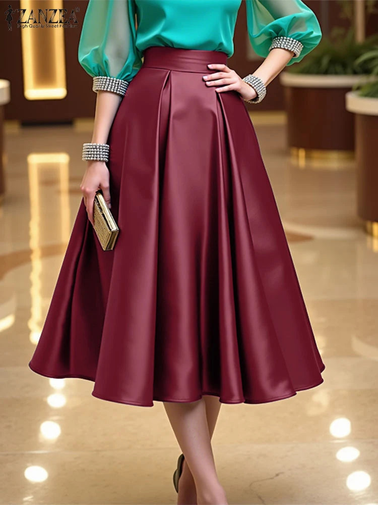 2025 ZANZEA Elegant High Waist Party Satin Skirts Summer Women Fashion A-line Work OL Skirt Jupe Vestidos Solid Midi Faldas Saia