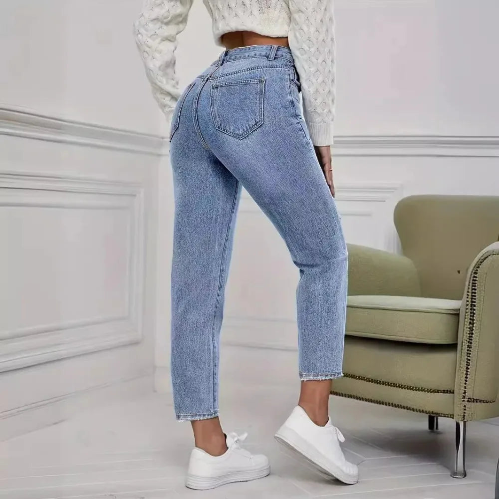 Casual Washed Ripped Jeans for Women Spring and Summer New Fashion Straight Nine Minutes of Pants Women