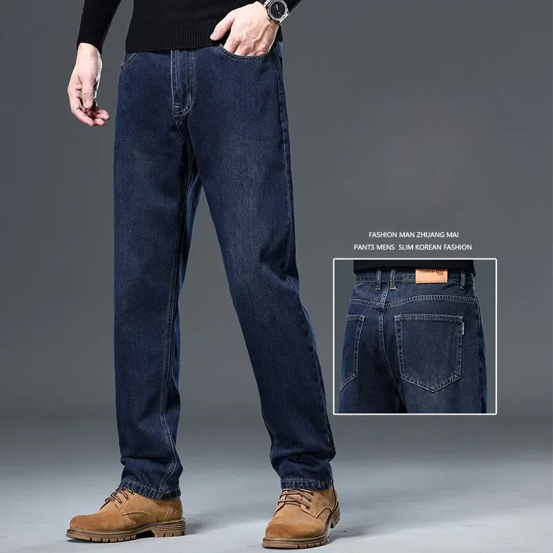 100% Pure Cotton Jeans Men Loose Trousers Classic Spring Autumn Casual Cowboy US Plus Size 38 40 42 Straight Male Denim Pants