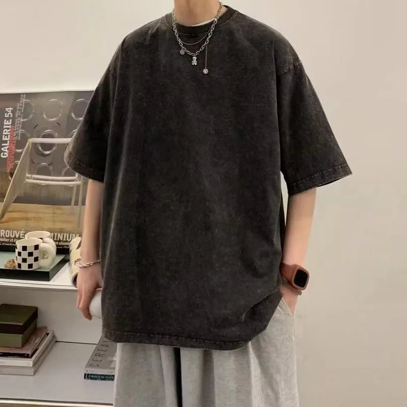 2025 Heavy Men Washed Vintage Oversized T-Shirt Street Hip Hop Punk Tee women Harajuku Casual Cotton Short Sleeve Acid Wash Top