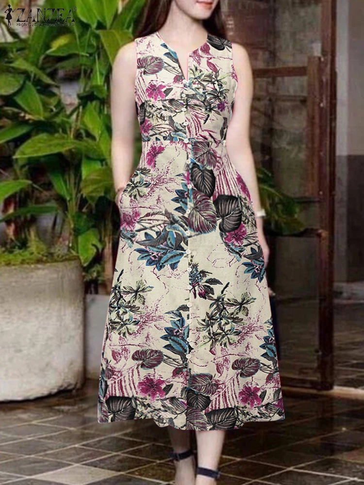 2025 Summer Dress ZANZEA Women Bohemain Printed Midi Sundress Casual V Neck Sleevelesss Holiday Party Vestidos Kaftan Robe Femme