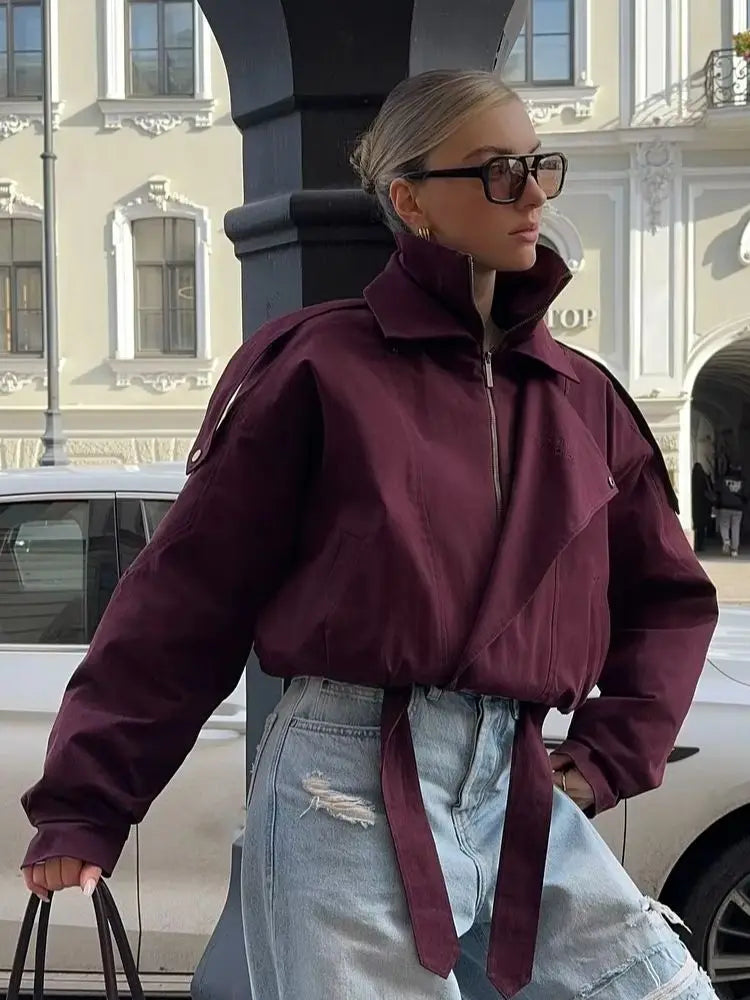 Casual Wine Red Lace Up Short Jacket Women Long Sleeve Zipper Stand Up Collar Pocket Button Coats New Lady High Street Wear Fall