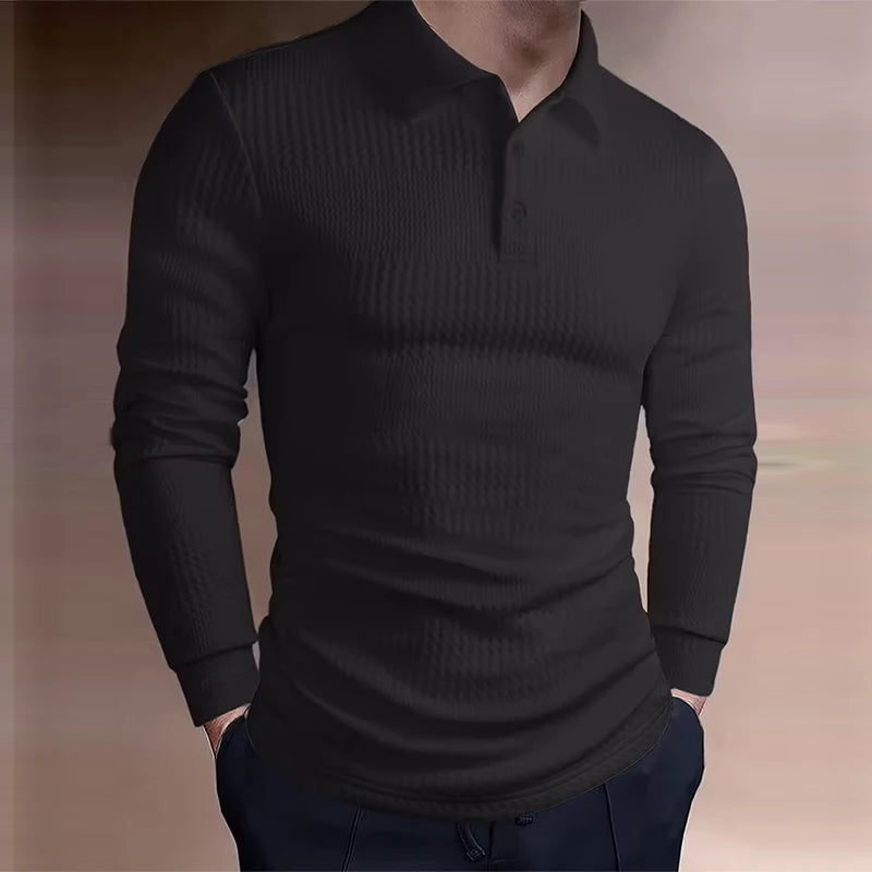 American Retro Men's Jacquard Polo Shirt Luxury Business Slim Solid Color T-shirt Leisure Lapel Long Sleeve Pullover Tops S-2XL