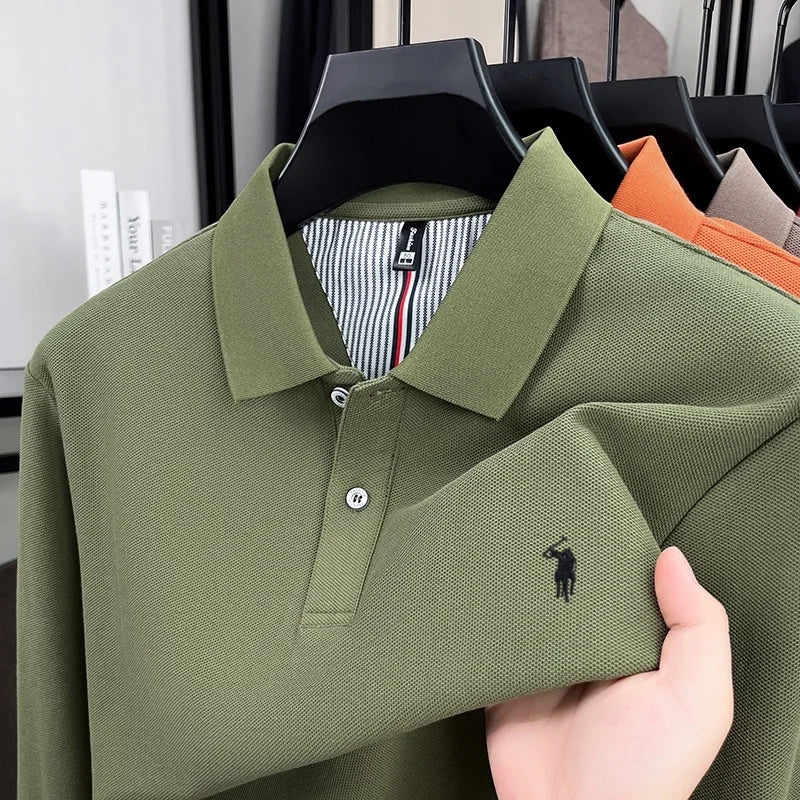 100% pure cotton high-end brand men's long sleeved polo shirt autumn fashion new luxurious pony Paul embroidery top golf T-shirt