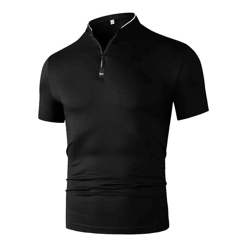 2025 New Men's Casual Fashion Zipper Solid Color Short Sleeved Polo Shirt Stand Up Collar Versatile Comfortable Top