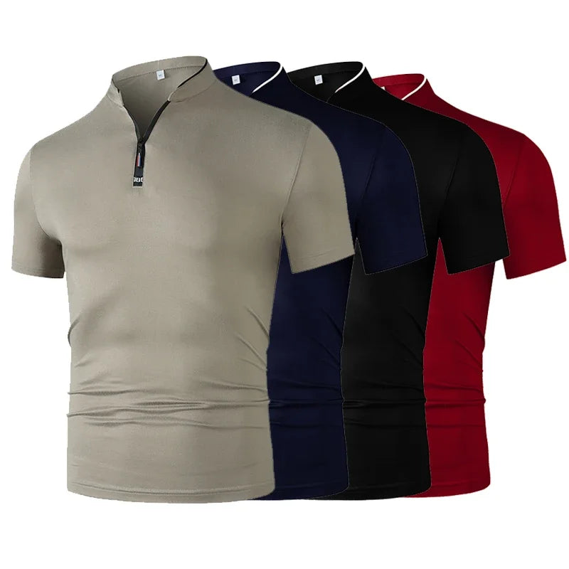 2025 New Men's Casual Fashion Zipper Solid Color Short Sleeved Polo Shirt Stand Up Collar Versatile Comfortable Top