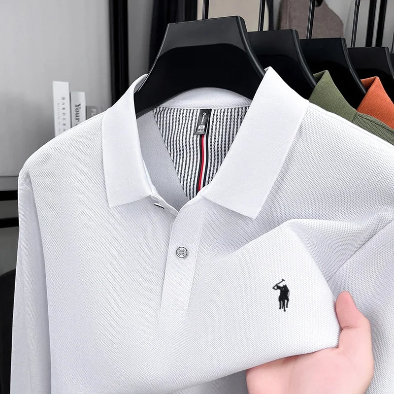 100% pure cotton high-end brand men's long sleeved polo shirt autumn fashion new luxurious pony Paul embroidery top golf T-shirt