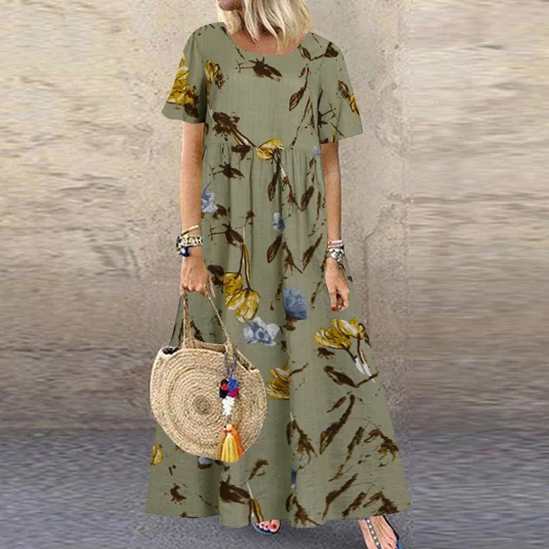 2025 Summer Women's Dress O-neck Loose Short-sleeved Floral Print Pastoral Style Vacation Beach Long Skirt