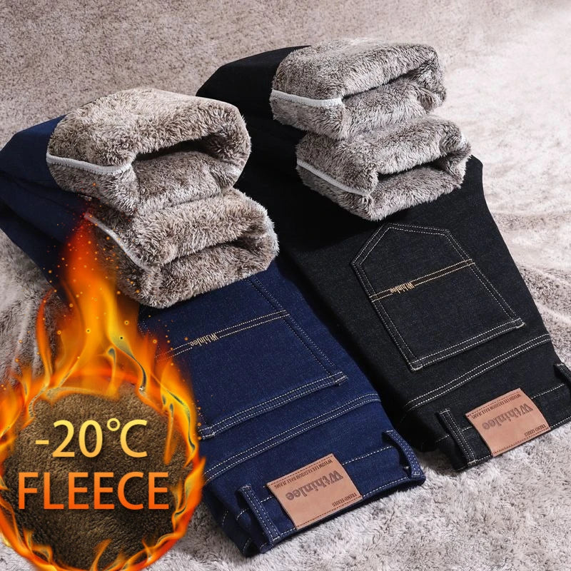Autumn and Winter Fashionable Solid Color with Thick Fleece and Warm Straight Leg Jeans for Men's Casual Sports Men's Jeans