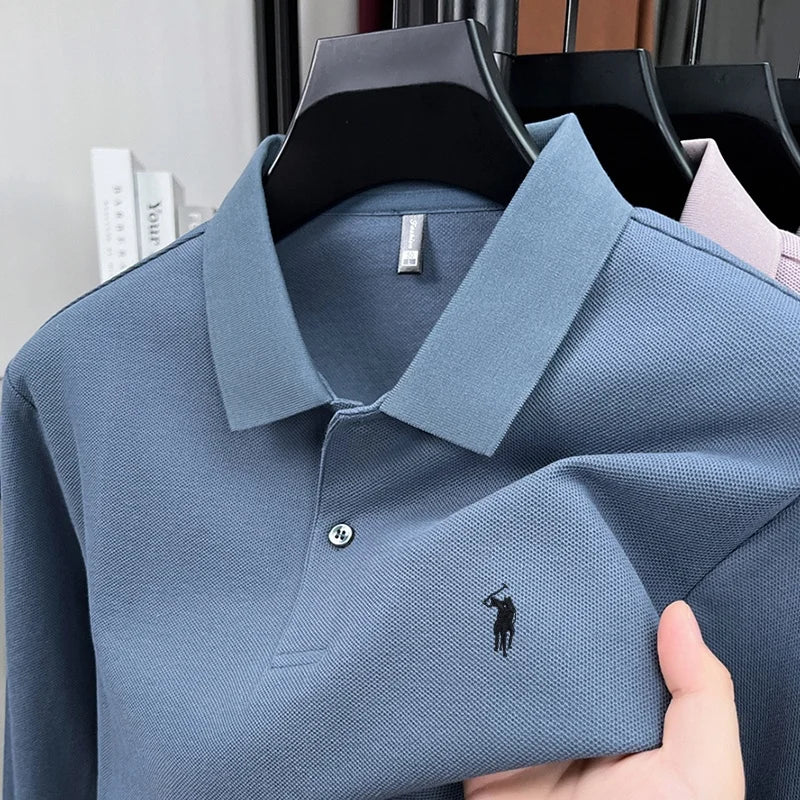 100% pure cotton high-end brand men's long sleeved polo shirt autumn fashion hot selling pony embroidery design golf top T-shirt