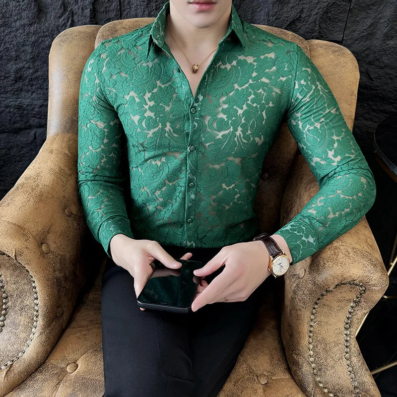 2023 High-quality Sexy Lace Shirt for Men Long Sleeve Slim Fit Casual Shirts Social Party Tuxedo Nightclub Blouse Men Clothing