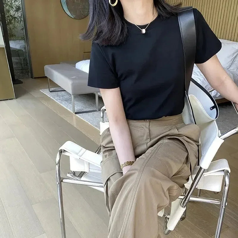 100% Pure Cotton Casual Short Sleeved T-shirt for Women's Summer Elastic Slim Fit Round Neck Bottom Shirt for Women's  Fashion