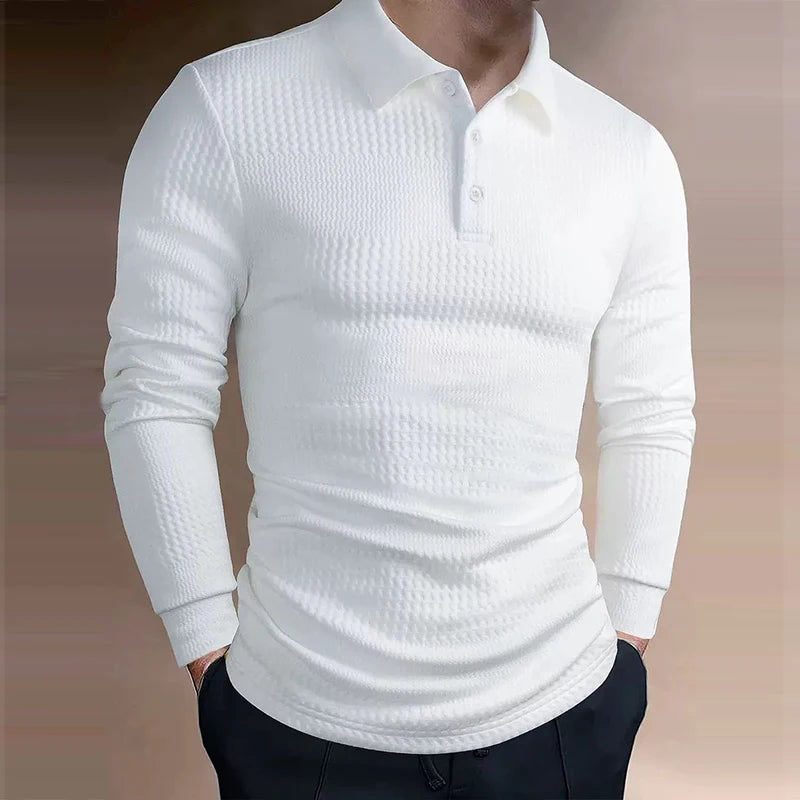 American Retro Men's Jacquard Polo Shirt Luxury Business Slim Solid Color T-shirt Leisure Lapel Long Sleeve Pullover Tops S-2XL