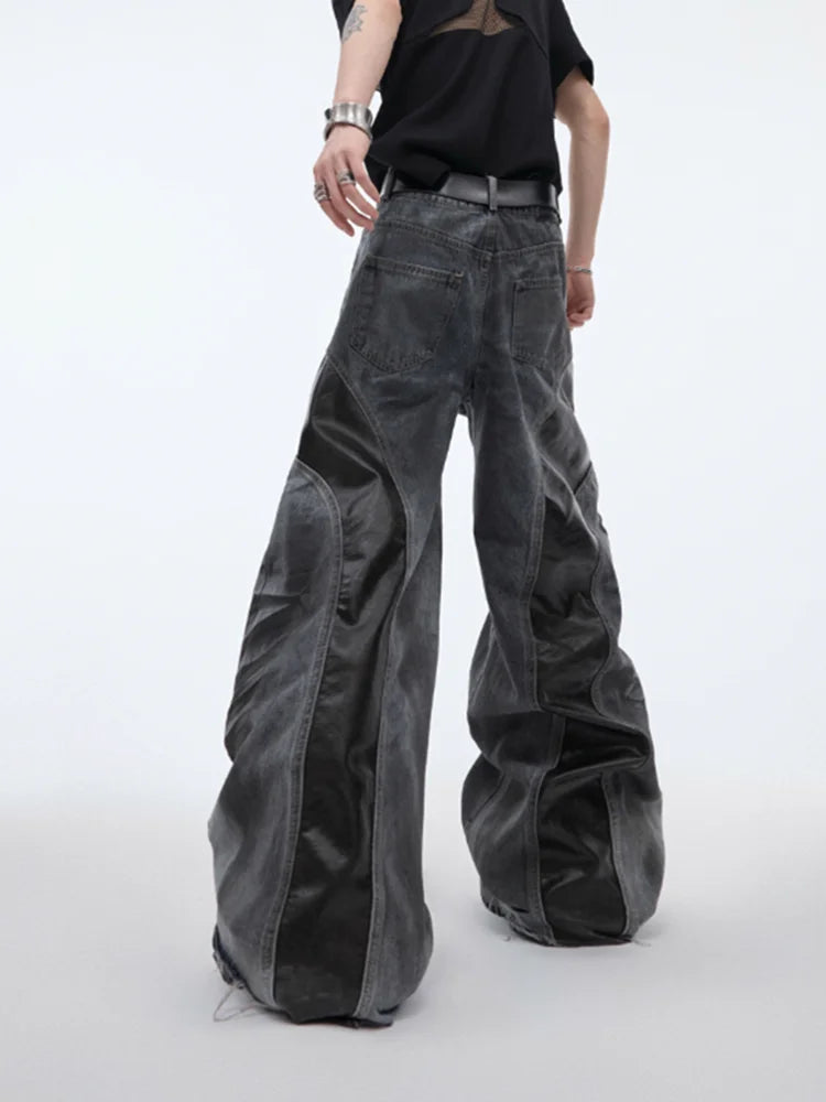 2025 Cyber Y2K Streetwear Black Pu Leather Patchwork Baggy Flare Jeans Pants Men Clothing Washed Black Wide Leg Denim Trousers