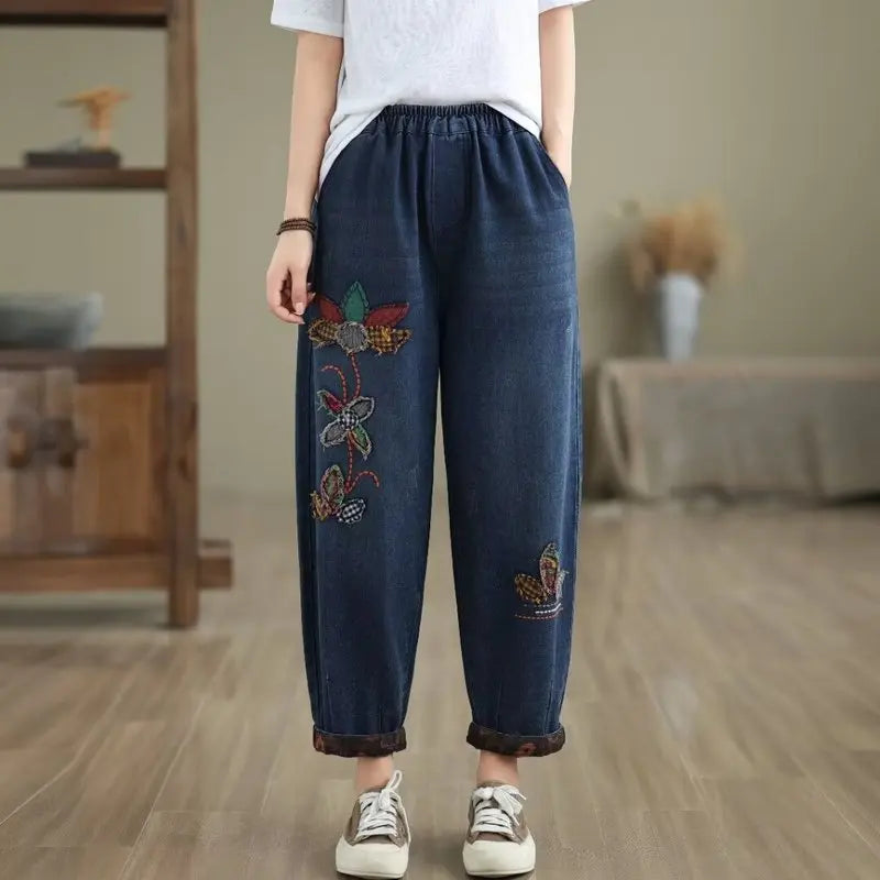 Cartoon Embroidery Creative Patchwork Jeans For Women Spring Fall Fashion Elastic Waist Baggy Casual Denim Harem Pants Female