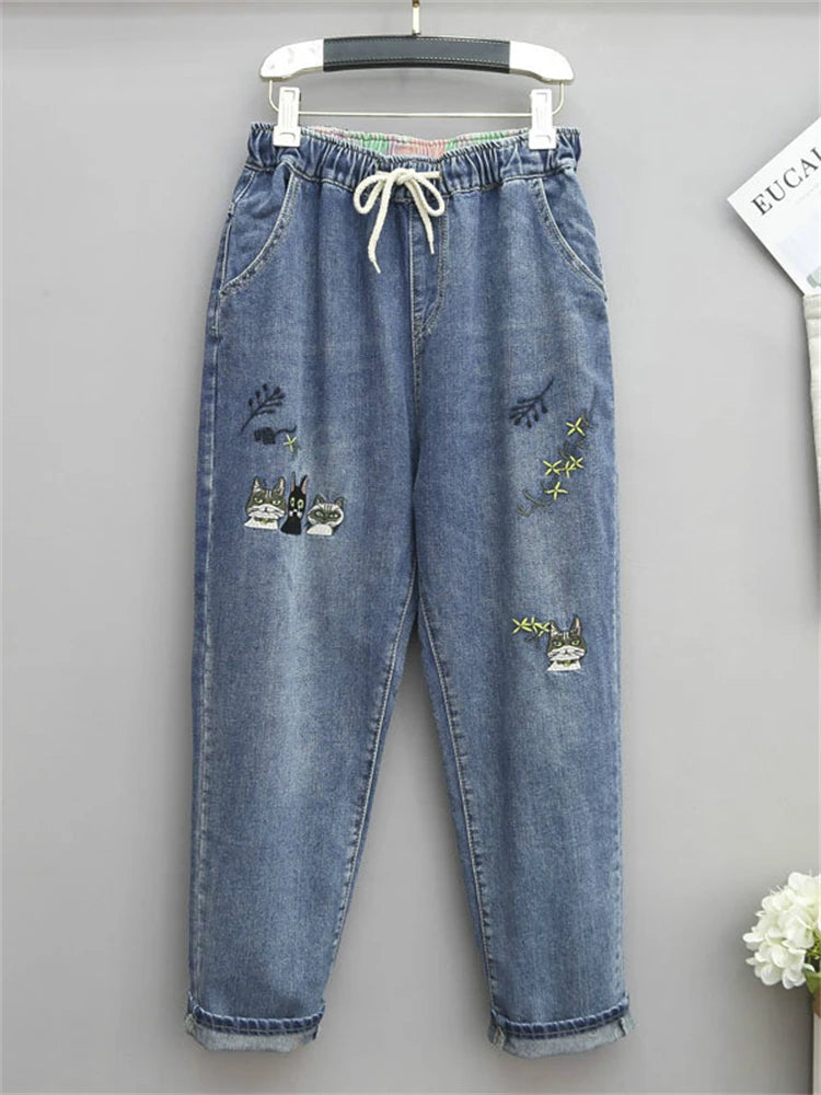 8265 Women Fashion Korea Style Cartoon Cat Embroidery Baggy Elastic Waist High Waist Denim Cropped Pants Female Harem Jeans