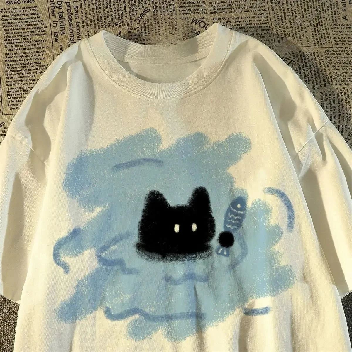 2025 New Style Short-Sleeve Summer T-Shirt, Versatile Bathrobe Style, Black Cat Women's Top/T-Shirt Fashion Graphic T Shirts Y2K