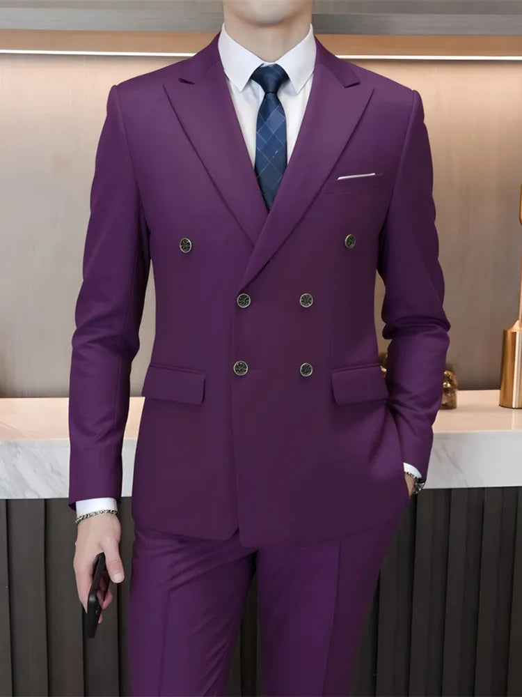 2025 Fashion New Men Double Breasted Boutique Solid Color Business Slim Fit Groom'S Office Wedding Best for Man Work Dress Suit