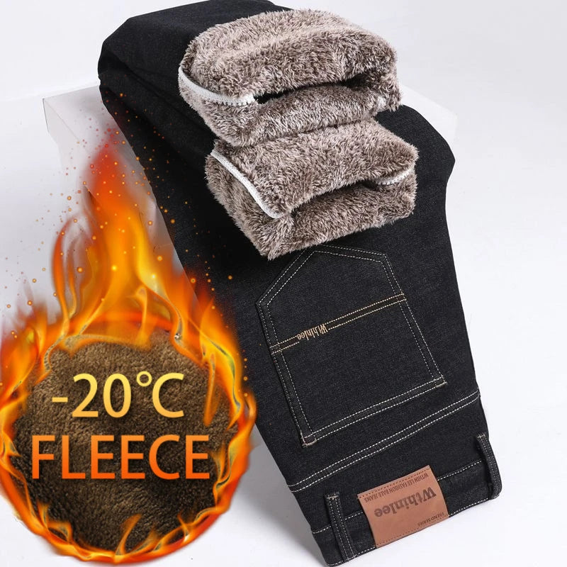 Autumn and Winter Fashionable Solid Color with Thick Fleece and Warm Straight Leg Jeans for Men's Casual Sports Men's Jeans