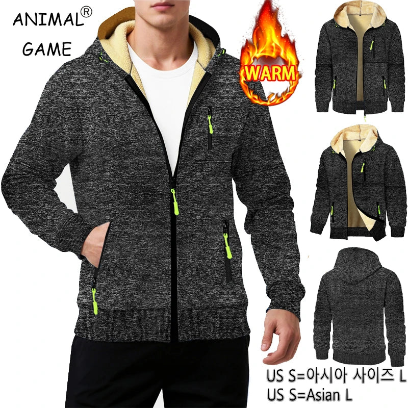 Animal Game Casual Jackets for Men Heavyweight Fleece Sweatshirt Thick Sherpa Lined Hooded Zipper Jacket Thick Streetwear Coats