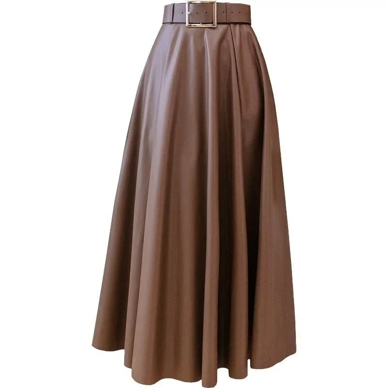 Caramel Leather Skirt High Waist A- Line Midi Skirt Women's Spring Autumn Large Swing Long Skirt Simple Pure Color Style