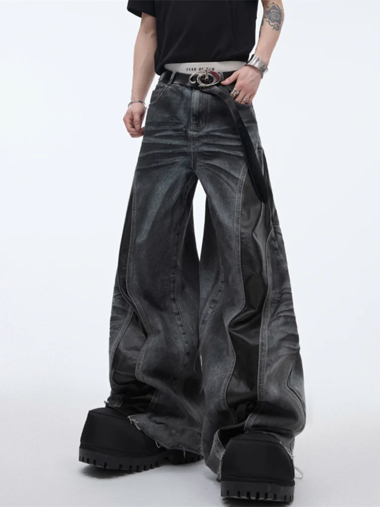 2025 Cyber Y2K Streetwear Black Pu Leather Patchwork Baggy Flare Jeans Pants Men Clothing Washed Black Wide Leg Denim Trousers