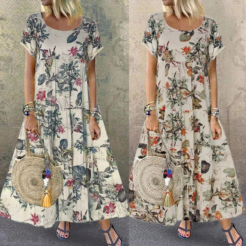 2025 Summer Women's Dress O-neck Loose Short-sleeved Floral Print Pastoral Style Vacation Beach Long Skirt