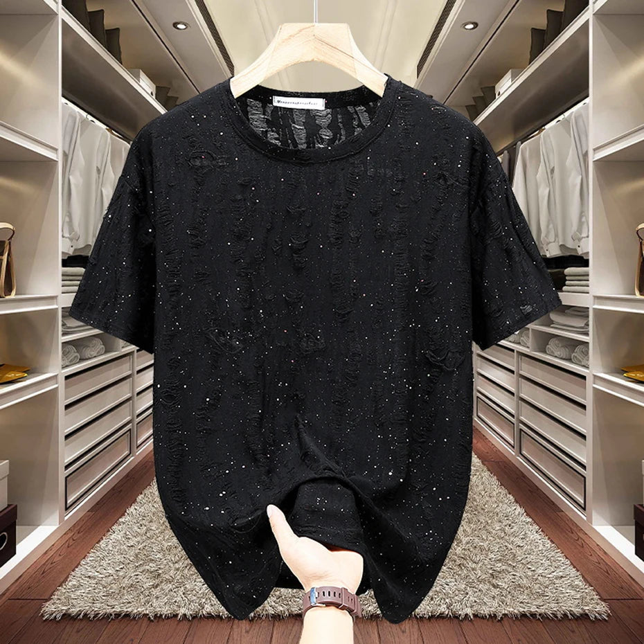 11XL Plus Size Men T-shirts Summer Fashion Rhinestone Tee Tops Black Gray Short Sleeve Crew Neck T Shirts Big Size 10XL 9XL