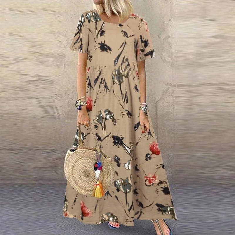 2025 Summer Women's Dress O-neck Loose Short-sleeved Floral Print Pastoral Style Vacation Beach Long Skirt